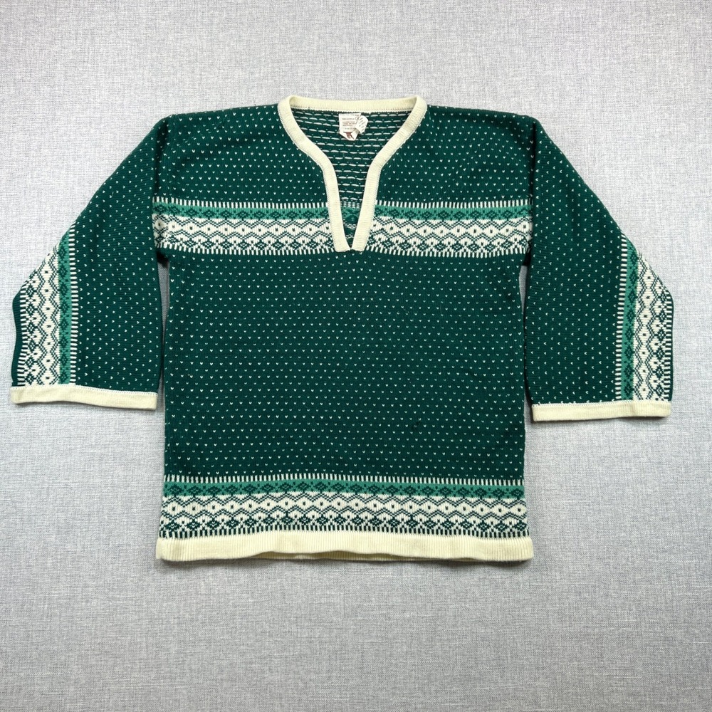 Vintage 80s Montgomery Ward Green Fair Isle Nordic Acrylic Sweater Women XL FLAW